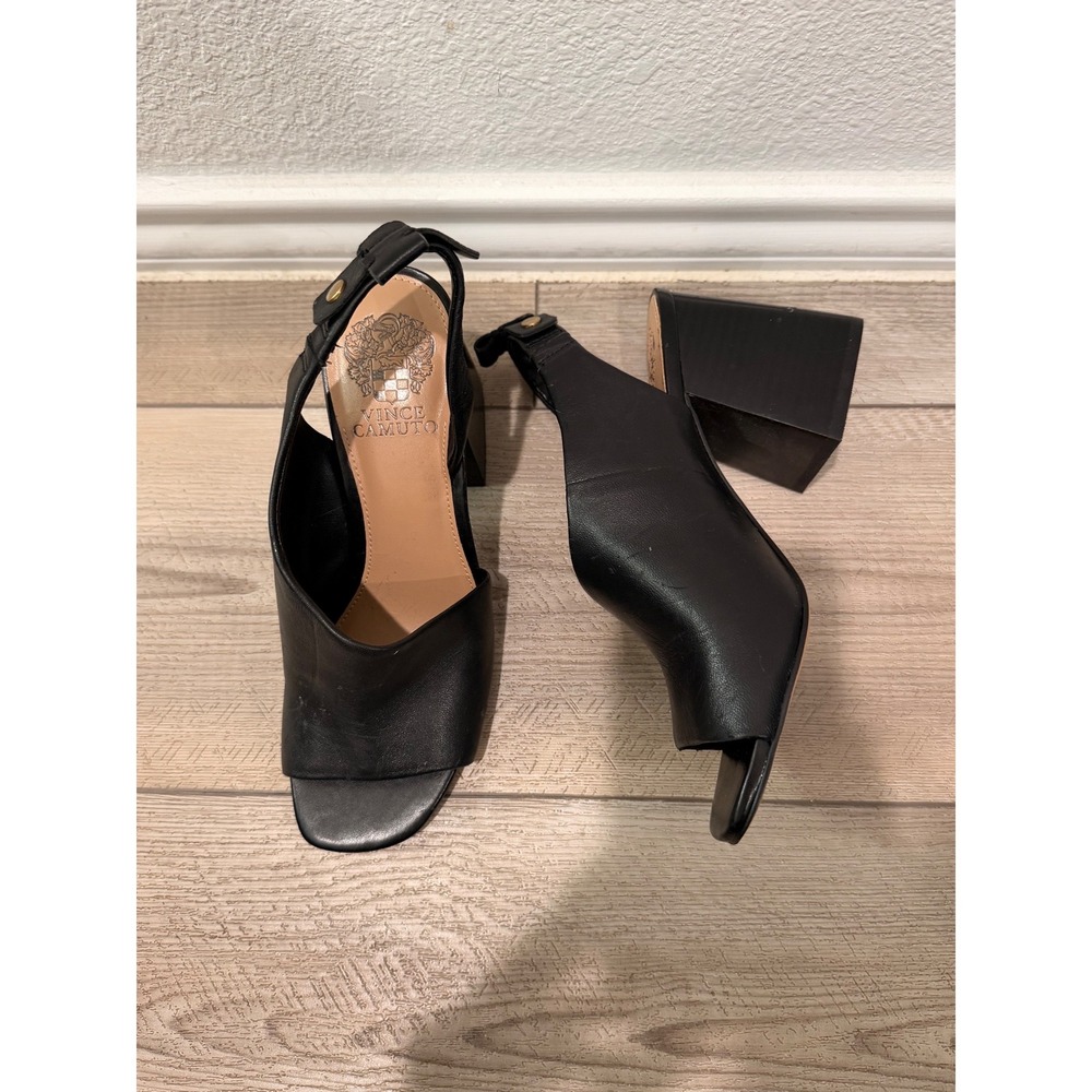 Vince Camuto Black Leather Peep Toe Block Heel Slingback Sandals Size 7M